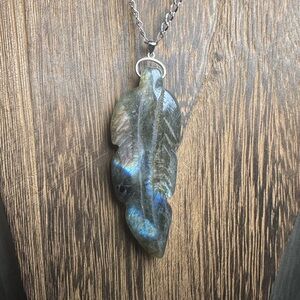 Long Rainbow Flash Labradorite Leaf Pendant Necklace on Stainless Steel Chain
